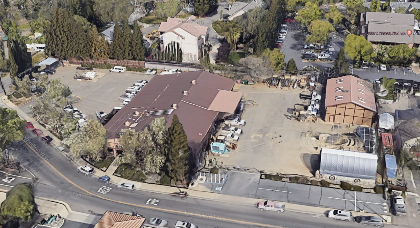 Aerial view of the FOWD industrial maintenance yard in the heart of Fair Oaks Village